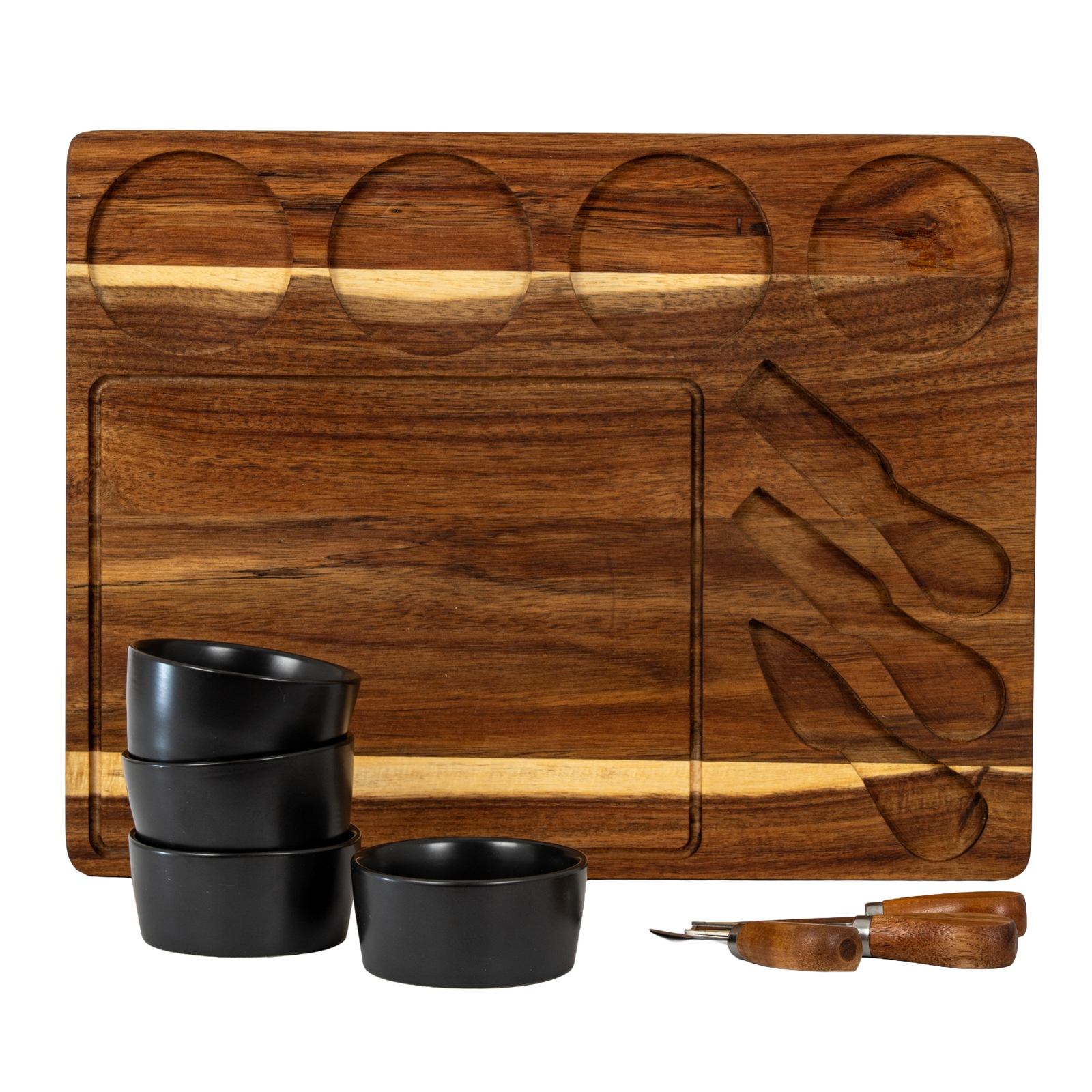 Acacia Cheese Board Set With Grey Ceramic Bowls and Cutlery - Image 3