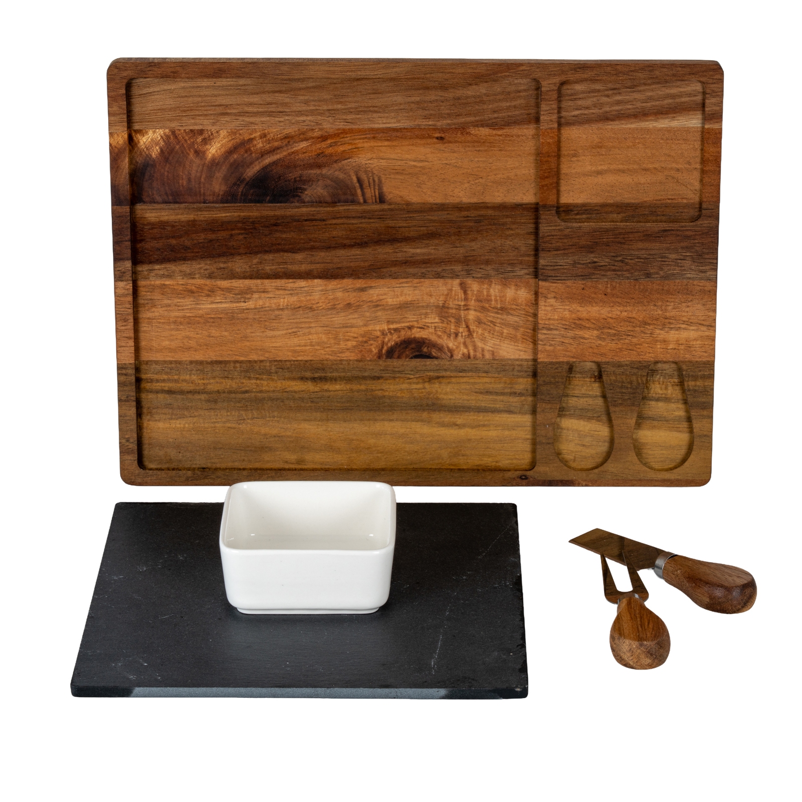 Acacia Cheese Board Set With White Bowl, Slate and Cutlery - Image 3