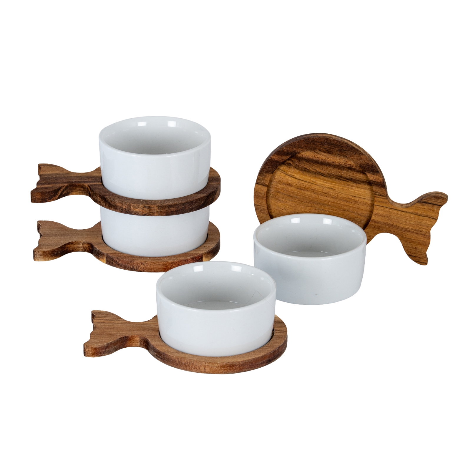 Set Of 4 Acacia Fishtail Serving Trays with Ceramic Bowls - Image 1