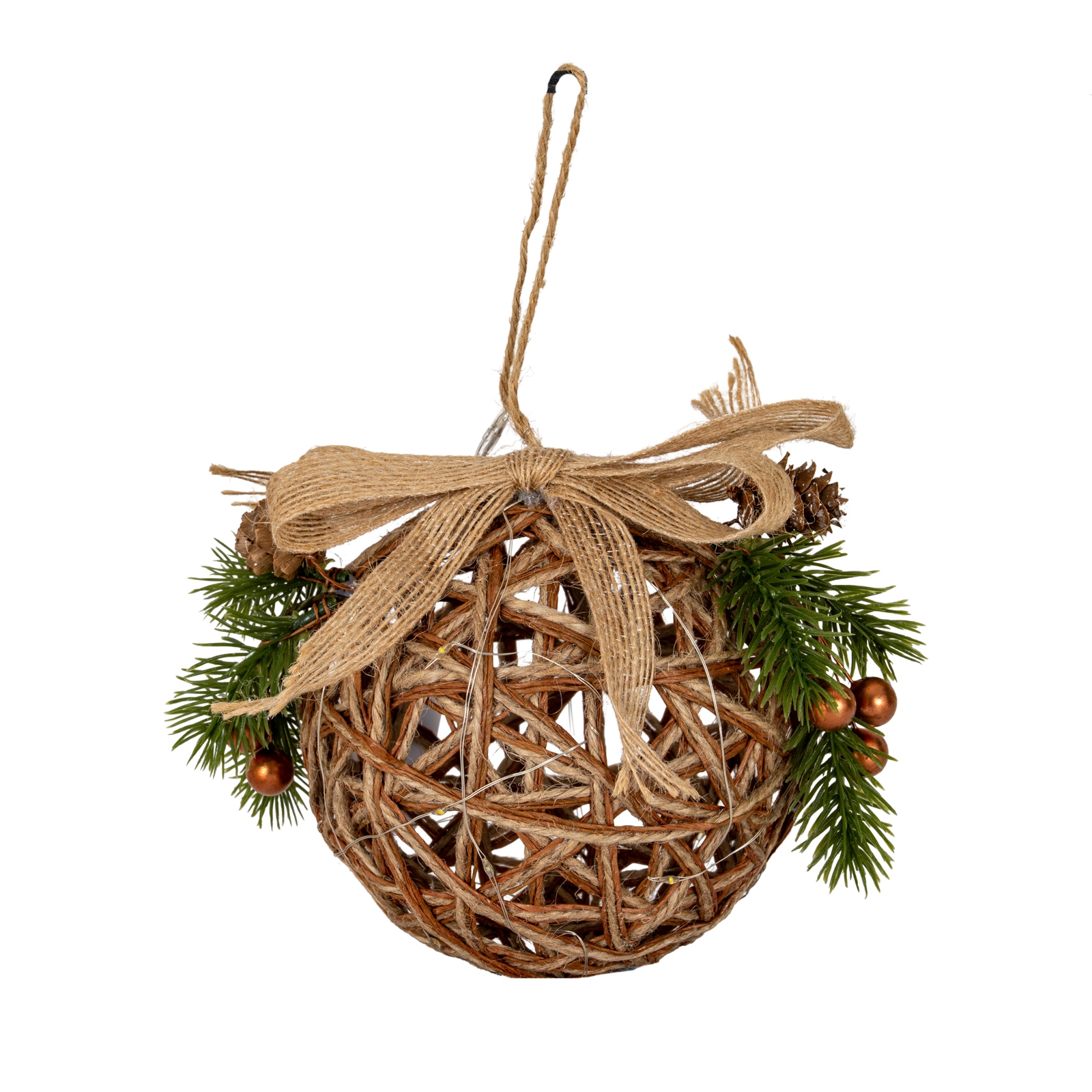 Small LED Natural Rattan Bauble With Branches And Ribbon - Image 1