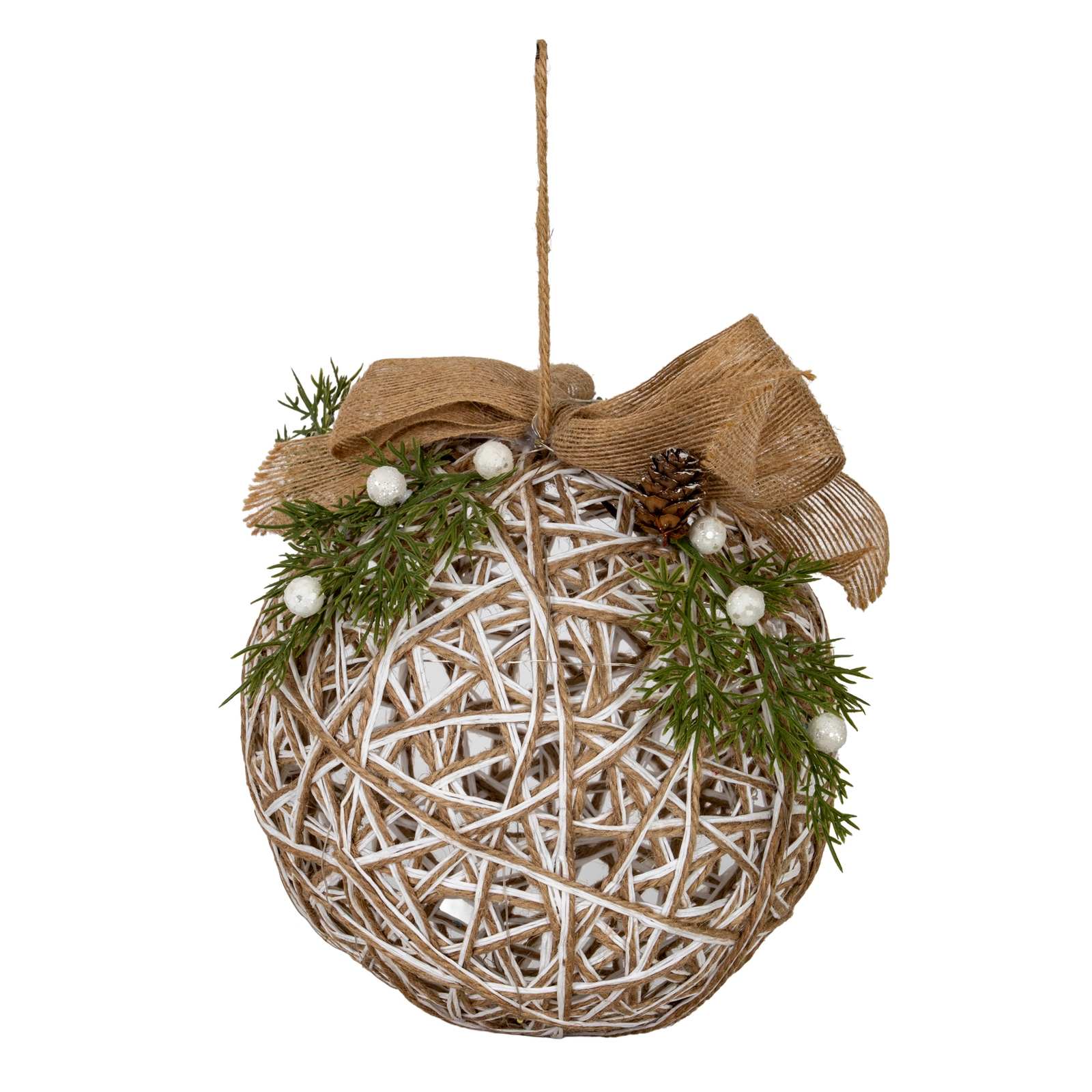 Large LED White Rattan Bauble With  Branches And Ribbon - Image 1