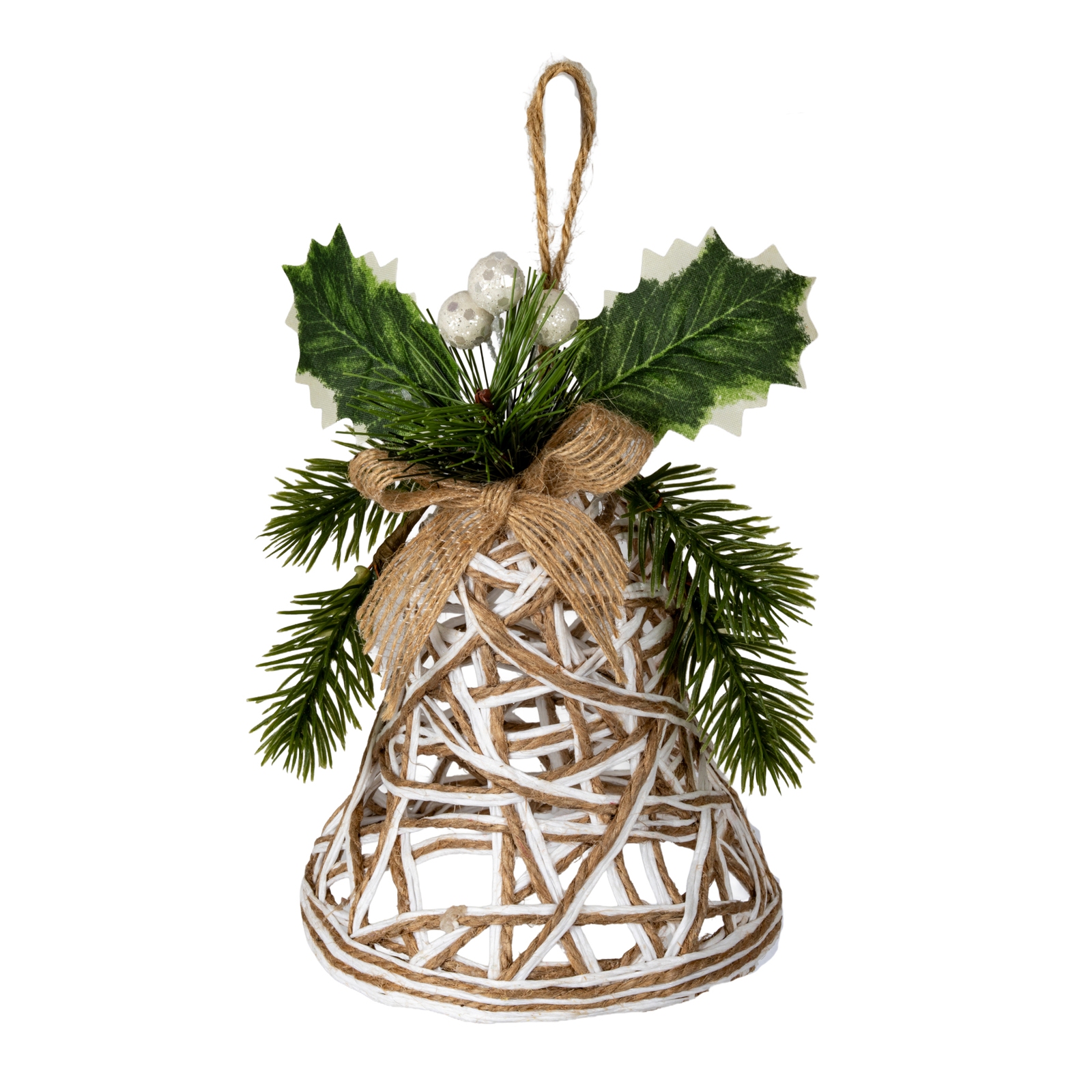 Led White Rattan Bell Decoration With Branches And Ribbon - Image 1