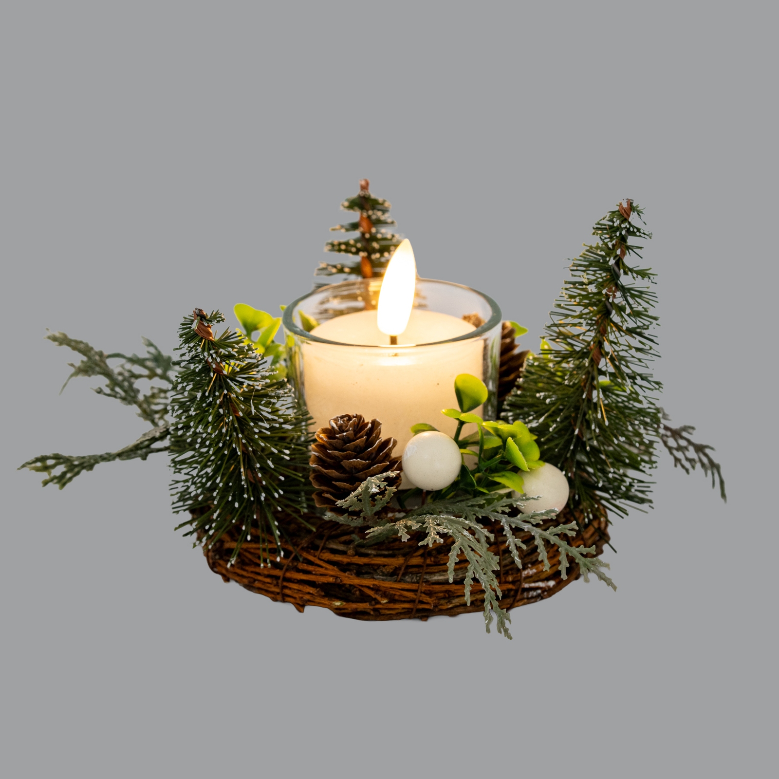 Small Brush Tree Candle Wreath With Berries And Pinecones - Image 3