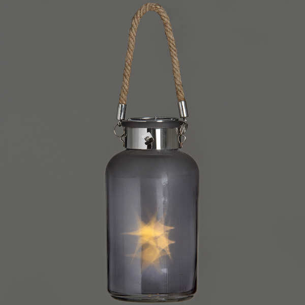 Frosted Grey Glass Lantern with Rope Detail and LED