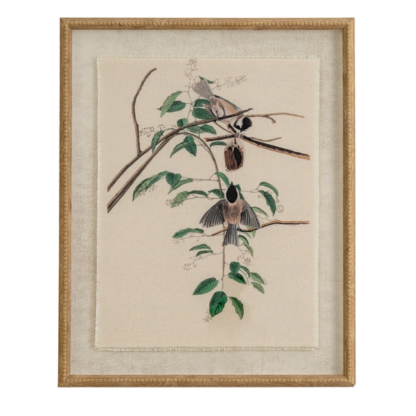 Flora & Fauna Collection Chickadees On Linen In Beaded Frame