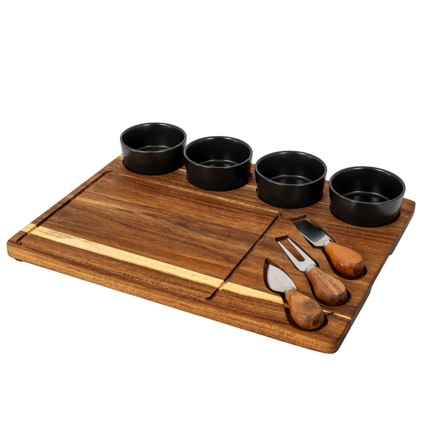 Acacia Cheese Board Set With Grey Ceramic Bowls and Cutlery