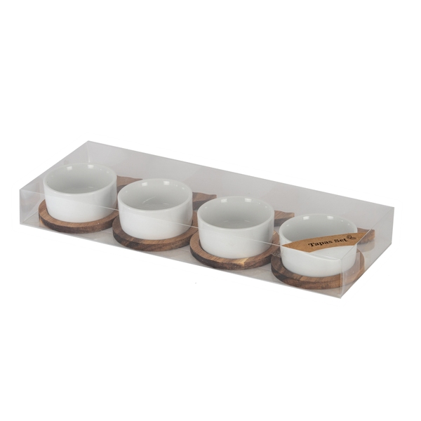 Set Of 4 Acacia Fishtail Serving Trays with Ceramic Bowls