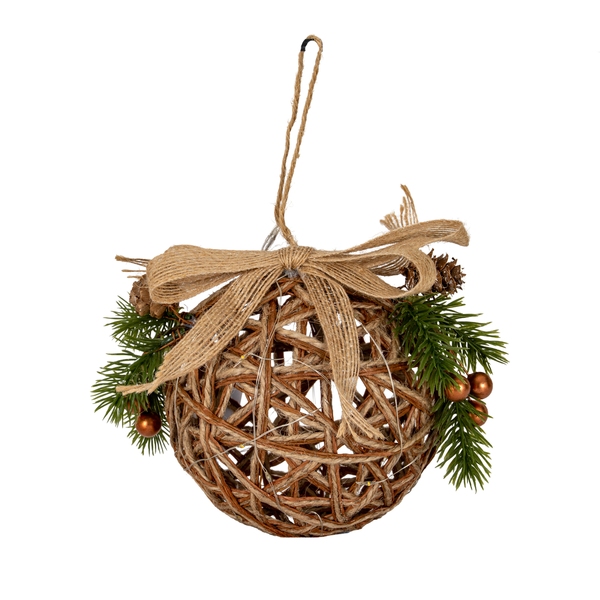 Small LED Natural Rattan Bauble With Branches And Ribbon
