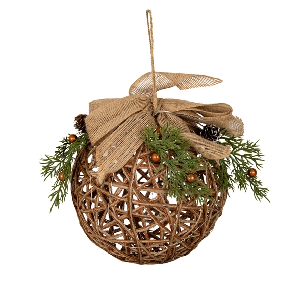 Large LED Natural Rattan Bauble With Branches And Ribbon