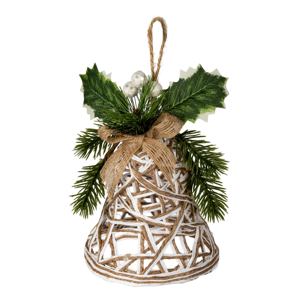 White Rattan Bell Decoration With Branches And Ribbon