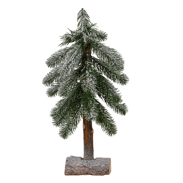 Small Snowy Pine Tree On Wooden Stand