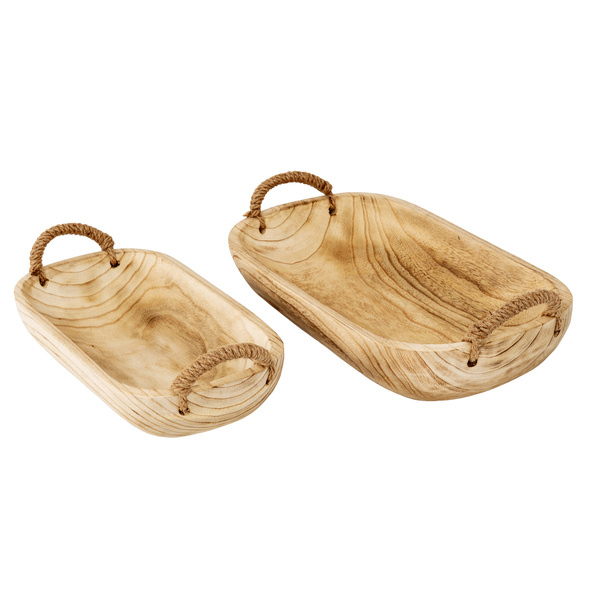 Set Of 2 Artisan Deep Rectangular Trays With Rope Handles