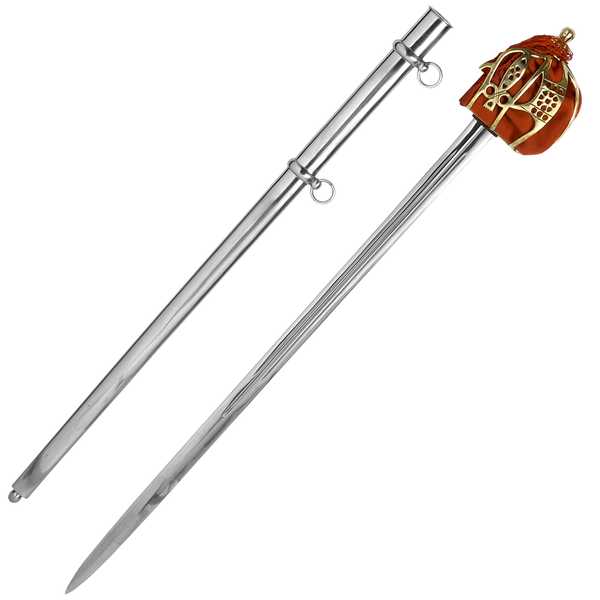 Steel sword with brass basket hilt.