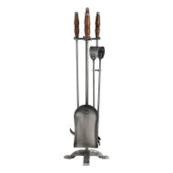 Hand Turned Fire Companion Set In Antique Pewter With Wooden Handles - Thumb 1