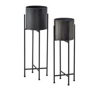 Large Gun Metal Grey Cylindrical Planter On Black Frame - Thumb 3