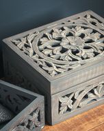 Lustro Carved Grey Wash Wooden Box - Thumb 3