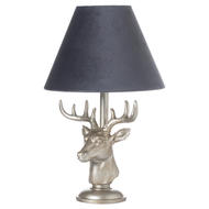 Silver Stag Head Table Lamp With Grey Velvet Shade - Thumb 1