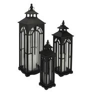 Set Of Three Black Wooden Lanterns With Archway Design - Thumb 1