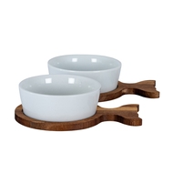 Set Of 2 Acacia Fishtail Serving Trays with Ceramic Bowls - Thumb 1