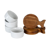 Set Of 4 Acacia Fishtail Serving Trays with Ceramic Bowls - Thumb 3